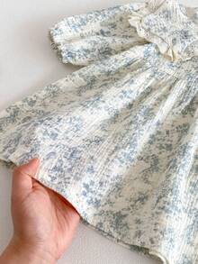 Miniweenns 1pc Baby Girls' Outdoor Casual Ditsy Floral Long Sleeve Loose Fit Dress, Princess Style, Spring/Autumn - Baby Blue - View 8