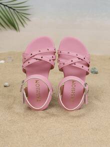 儿童时尚户外凉鞋，夏季方头平底鞋，一体式凉鞋，新款时尚优雅简约设计，高品质儿童春夏鞋履 - 粉色 - 查看 2
