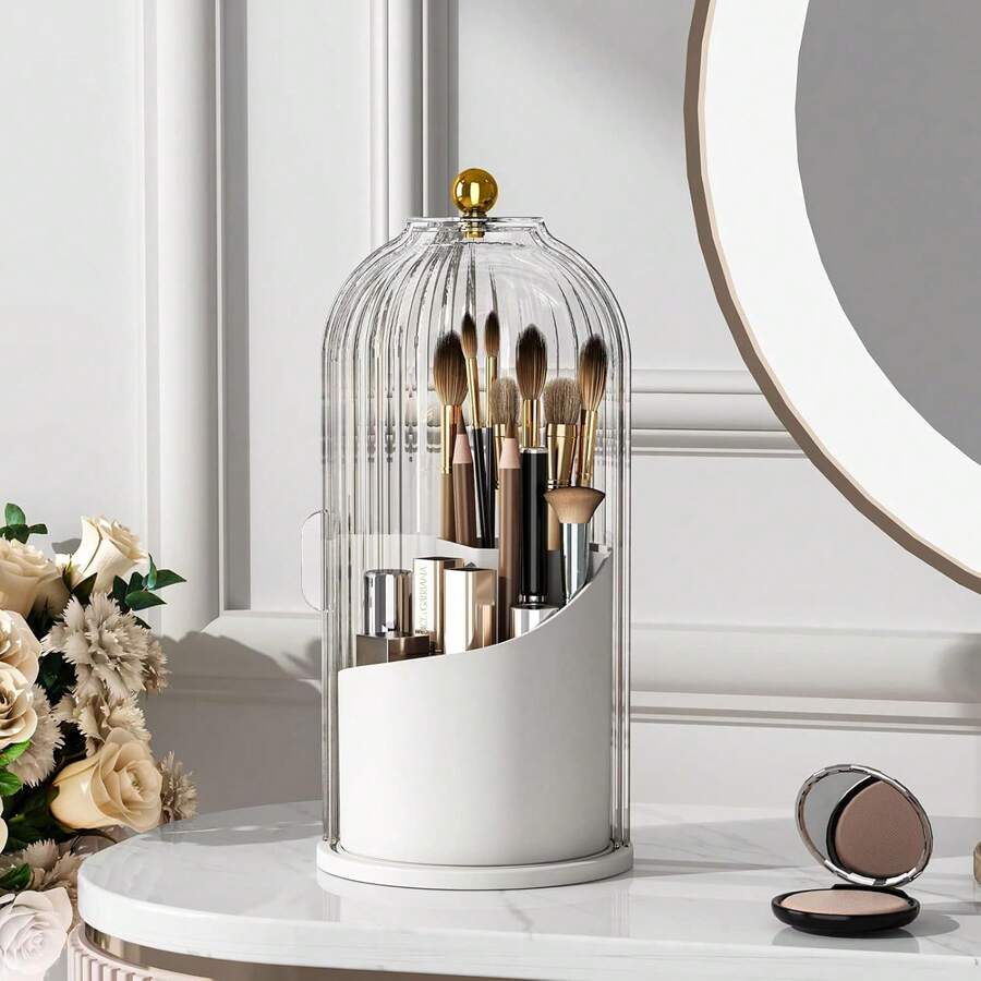 360-Degree Makeup Brush Storage Box With Transparent Cover 360-Degree Rotating Sliding Opening Dust Brush Container, Suitable For Vanity, Bathroom Room - 白色 - 查看 1