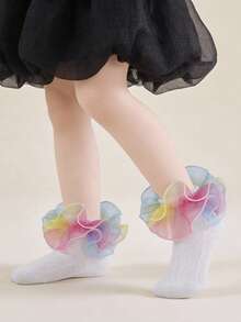 1 Pair Cotton Children's Lace Trim Short Socks, Fluffy Lace Mesh Girls' Lace Trim Socks, Cute Princess Dance Socks - White - View 2