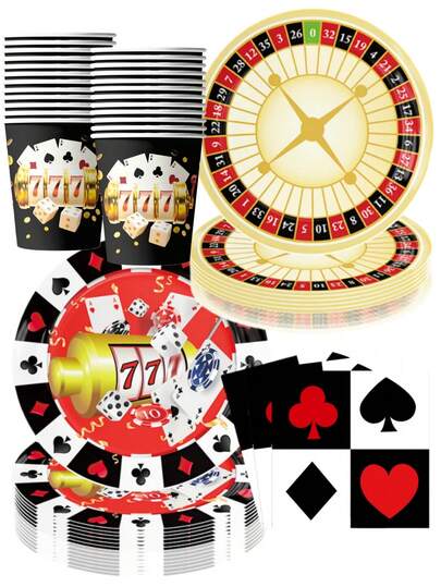 50Pcs Casino Night Themed Party Supplies Set - Roulette Wheel & Slot Machine Pattern Disposable Paper Plates Cups & Napkins | Festive Tableware For Adult Casino Parties, Poker Night Gatherings & Las Vegas Style Celebrations | Playing Cards, Dice & Poker Chip Decor For Party Favors, Home Game Night Decoration & Special Occasion Essentials