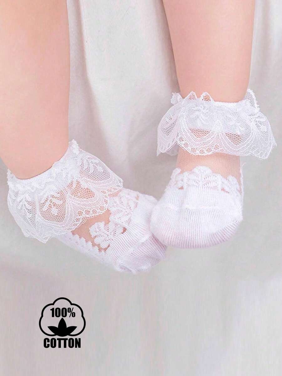 1 Pair Cotton Baby/Toddler Lace Trim Breathable Crystal Silk Short Socks, Summer - White - View 1