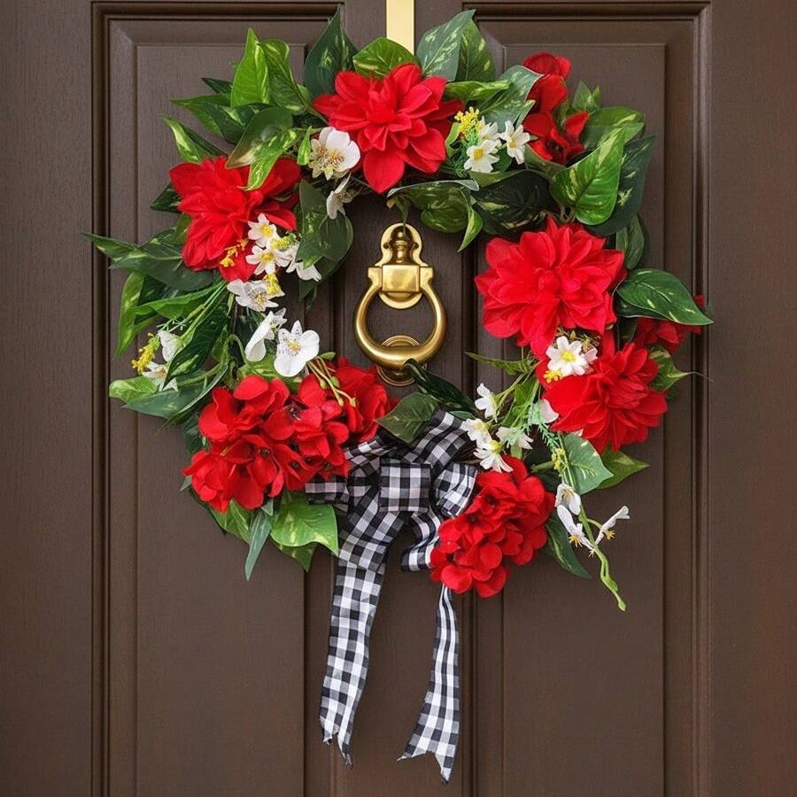 Red Geranium Wreaths For Front Door Year Round Outside, Artificial Spring Summer Wreath With Buffalo Bowknot Farmhouse Home Decor - Red - View 1