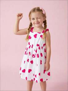 少女夏季情人節心形印花肩帶連衣裙 - 玫紅色 - 查看 7