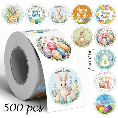 500 pezzi/rotolo Adesivi rotondi con coniglietti di Pasqua e uova, forniture di adesivi di ringraziamento per Pasqua, adesivi decorativi con illustrazioni, etichette adesive non appiccicose, forniture per scrapbooking, adesivi divertenti, forniture per scrapbooking Kindle