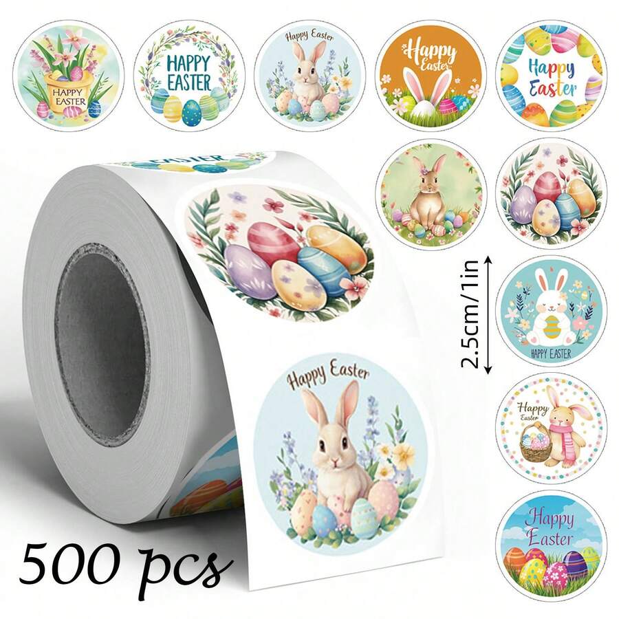 500pcs/Roll Easter Bunny & Egg Round Stickers, Easter Thank You Sticker Supplies, Illustration Decorative Sealing Stickers, Non-Adhesive Label Stickers Scrapbook Supplies Funny Stickers Scrapbooking Supplies Kindle - Multicolor - View 1
