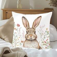 1pc Spring Easter Bunny In Floral Decorative Pillow Cover, Single-Sided Printed Peach Velvet Polyester, 45*45CM/18*18inch Cushion Cover For Room Decor, Modern Minimalist Sofa Living Room Decor Gift - Multicolor - View 5