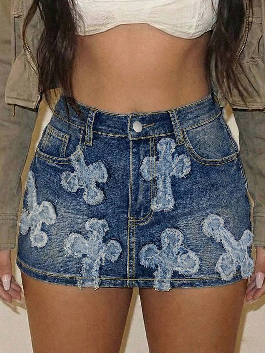 Casual Women's Denim Mini Denim Skirt Slim Fit Patch Design With Medium Stretch Fabric - Blue - View 1