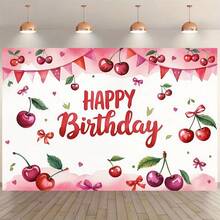 1pc Cherry Theme Pink Birthday Party Banner, Cherry & Ribbon Design, Suitable For Family Events, Weddings, Christenings And Festivals, Indoor/Outdoor Use, Party Decor, Birthday Party Decorations - Multicolor - View 3