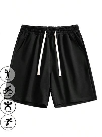 Unisex Black Knit Shorts, Lightweight, Casual, American Style, Relaxed Fit, Breathable, Couple Matching, Summer