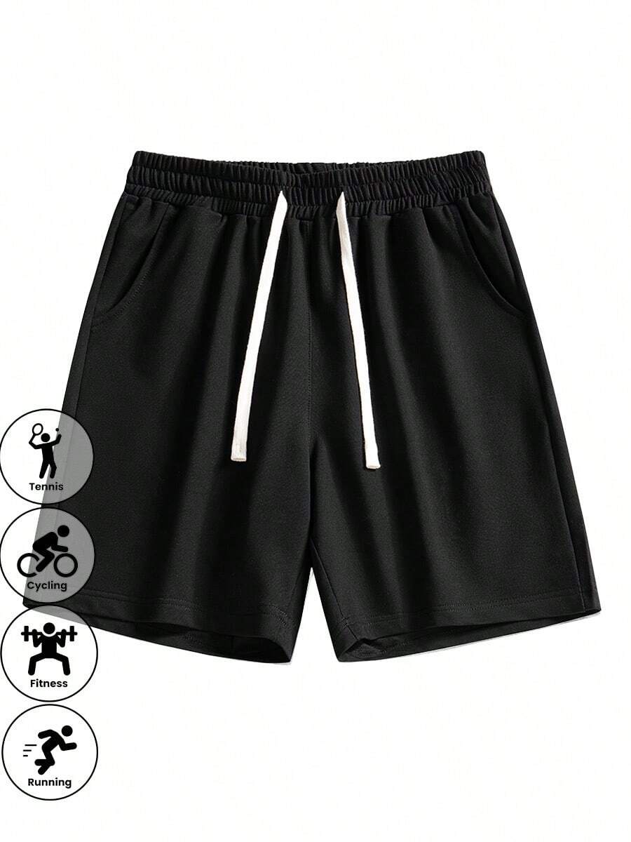 Unisex Black Knit Shorts, Lightweight, Casual, American Style, Relaxed Fit, Breathable, Couple Matching, Summer - Black - View 1