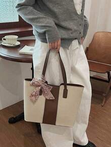 Women's Casual Canvas Patchwork Zipper Shoulder Bag, Large Capacity Tote Bag - Coffee Brown - View 2