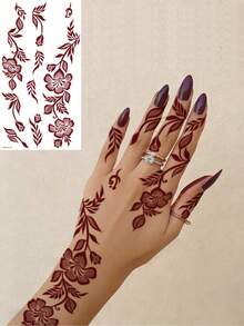 4 Sheets Full Hand Flower Design Brown Red Maroon Sexy Foot Finger Hand Tattoo Sticker Women Flower Henna Tattoo Sticker Flower Waterproof Sticker Brown Tattoo Sticker Women Body Art Sticker Wedding Party Brown Red Tattoo Sticker - Red - View 3