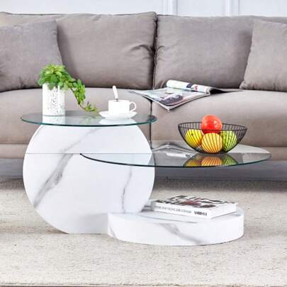 Modern Minimalist Zweischichtiger Sicherheitsglas-Couchtisch, Mehrstufiges Design, High-Quality MDF-Trägerstruktur Mit Weißer Marmoroptik. More Colors Of The Auswahl.