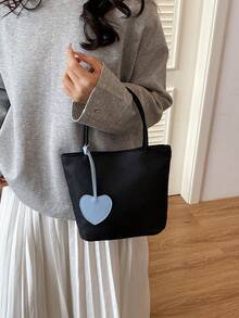 Casual Versatile Bucket Bag With Heart Shaped Pendant - Black - View 2
