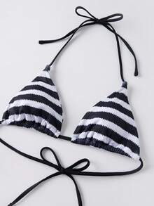 Conjunto de bikini para mujer, sujetador y braguita a rayas con shorts, traje de baño de verano de 3 piezas. - Negro - Ver 8