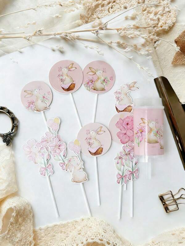 Decoraciones para cupcakes con conejo y flor rosa, decoraciones de cupcakes con conejito de Pascua, decoraciones de pastel de Pascua, decoración de postre con conejo, adecuado para temas de Pascua, cumpleaños de primavera, decoraciones para fiestas de baby shower
