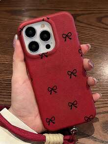 1pc Burgundy Bow Pattern Fashion New TPU Leather Texture Lanyard Phone Case, Burgundy Bow Pattern With Fashion Lanyard, Suitable Compatible With Apple 17promax/16promax/13/15/16/15proamx/17pro/14/11, Fashion Leather Texture Lanyard Phone Protective Case