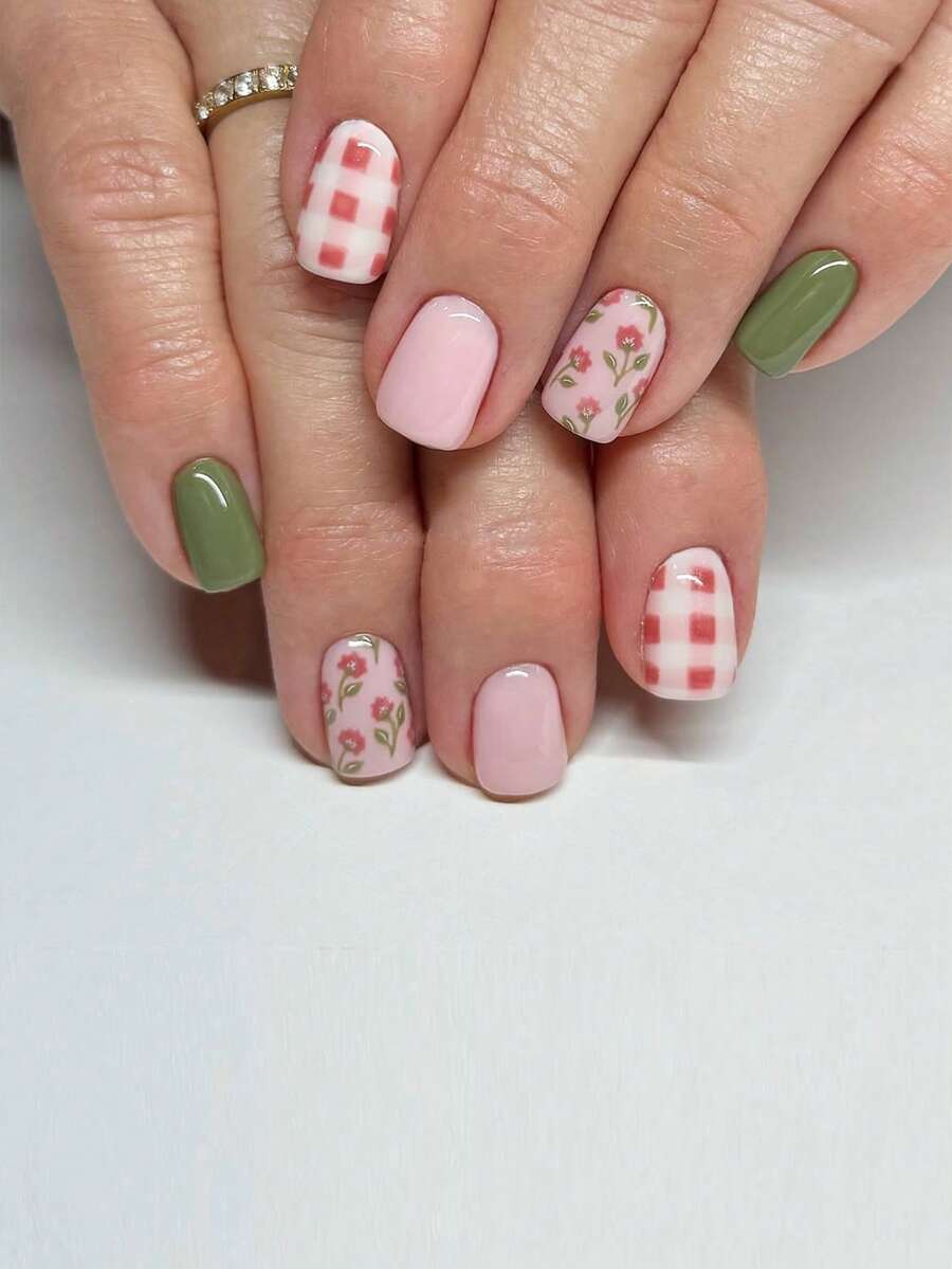 24pcs Cute Square Press On Fake Nails Pink And Green Short Nail Red Flower Acrylic French Fake Nails Women Coffin Nails - Multicolor - View 1