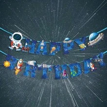 1 Set Space Themed Birthday Celebration Banner Featuring Astronaut, Planet And Rocket Patterns With "Happy Birthday" Text. 1 Set Complete Space Themed Birthday Party Flags Including "Happy Birthday" Flag And Astronaut/Rocket/UFO Pattern Paper Garland. These Decorations Are Ideal For Hanging As Backdrop At Birthday Parties And Can Also Be Used For Wall Decor At Holiday Celebrations. - Space Astronaut - View 5