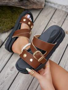 新款时尚金属扣装饰坡跟凉鞋，舒适防滑，百搭易清洁，适合海滩和日常穿着 - 棕色 - 查看 4