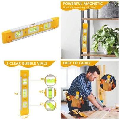 9 Inch Magnetic Torpedo Level With 3 Spirit Bubble Vials For 45 90 180 Degree Angle Measuring Picture Hanging Shelf Installation Home DIY