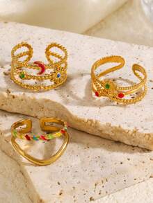 3pcs 18K Gold Plated Stainless Steel Vintage Geometric Line Star Moon Sun Ring Set, Elegant & Fashionable, Suitable For Women Daily, Festival, Friends Gathering, Couple Dating, Holiday Wear - Multicolor - View 4