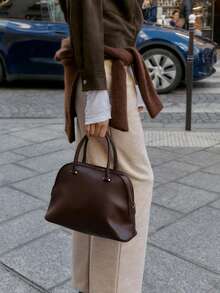 Burgundy Round Top Handbag, Zipper Closure, Metal Hardware, Elegant Commute & Date Style, Women's Bag, Women's Gift - Burgundy - View 4