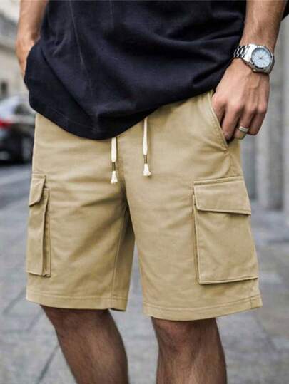 1pc Men's Lightweight Outdoor Shorts, With Drawstring Waist, Multiple Pockets Including Slant Pockets And Large Flap Pockets, 5-Inch Cargo Shorts Style, Solid Color, Polyester Fabric, Suitable For Outdoor Hiking, Running, Camping And Daily Wear