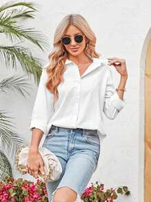 Women V Neck Cotton Linen Button Down Long Sleeve Shirt - trắng - Xem 2