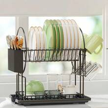 Estante de cocina negro de 2 niveles con drenaje automático, resistente a la oxidación, soporte para cubiertos y escurridor de platos, estantería de almacenamiento de cocina ahorradora de espacio - Multicolor - Ver 2
