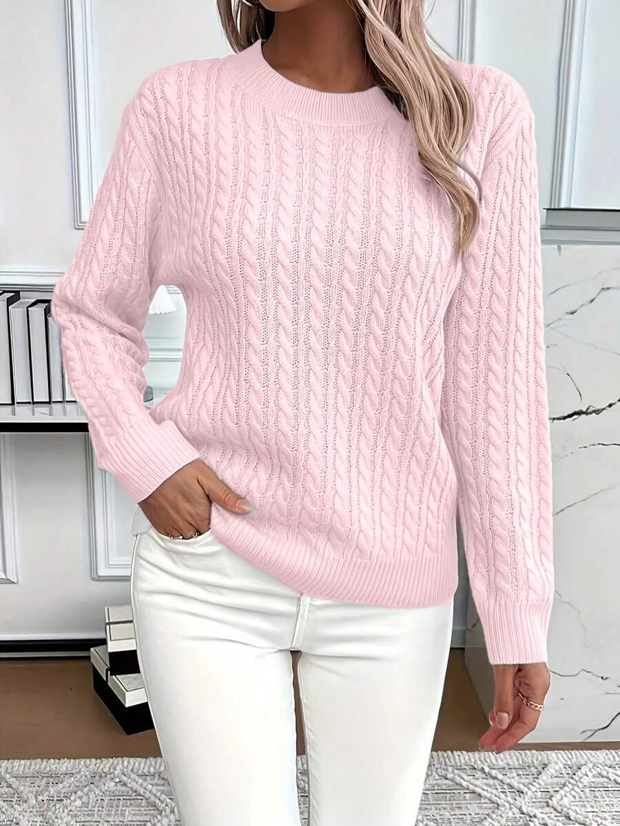Round Neck Twist Thick Sweater Women's Sweater Solid Color - 粉色 - 查看 1
