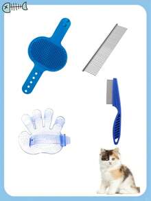 4pcs Blue Pet Grooming Set - Cat/Dog Deshedding Brush, Bathing Massage Glove, Flea Comb, Furniture Scratching Pad - Multicolor - View 1