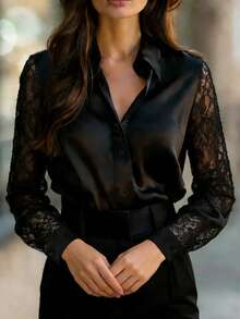 Spring/Summer Women's Fashionable Elegant Casual Everyday Urban Modern Versatile Classic Black Semi-Sheer Lace Sleeve Design Cardigan Shirt Summer Holiday Outfit, Outing Shirt, Holiday Attire, Women's Casual Wear, Summer Vacation Outfit - Black - View 6