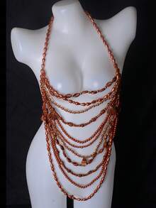 2026春夏沙滩装配饰，男女通用身体链项链，手工仿贝壳和珍珠性感吊带文胸上衣，巴洛克风格经典链条 - 米色 - 查看 2