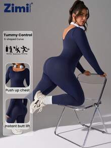 Zimi Collection 1XL-5XL Plus Size Seamless Sports Shapewear Bodysuit | Navy Blue Ruched Butt Lifting Tummy Control Compression Workout Jumpsuit For Gym Yoga Running Training - Navy Blue - View 2