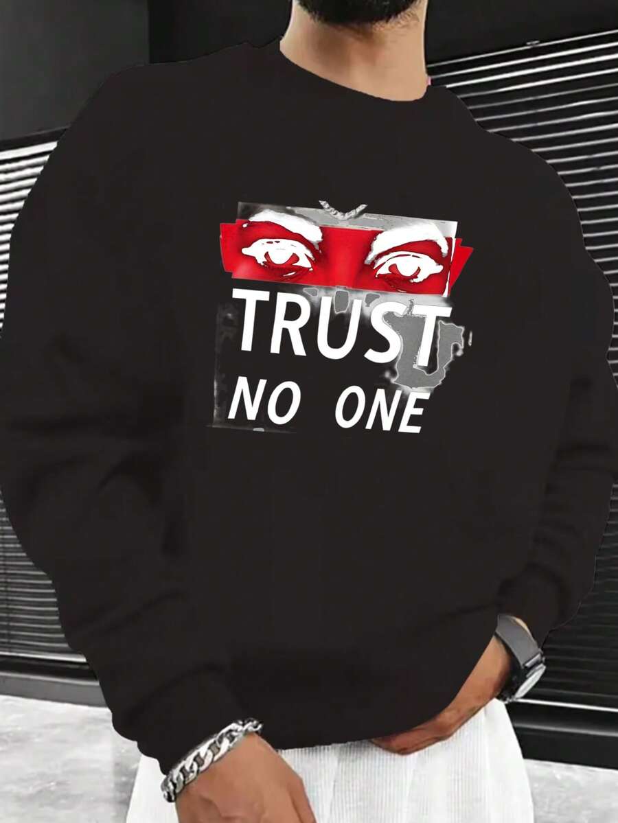 (250g Men's Round Neck Sweatshirt) Trust No One Red Eyes Pattern Printed Casual Pullover With Street Style, Suitable For Outdoor Wear In Autumn And Winter - Đen 7 - Xem 1