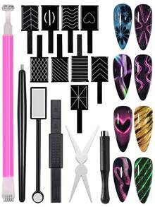 Beautizon Nailartlab 15件套猫眼美甲工具套装，多图案磁性棒和模板，适用于凝胶指甲油美甲 - 彩色 - 查看 2