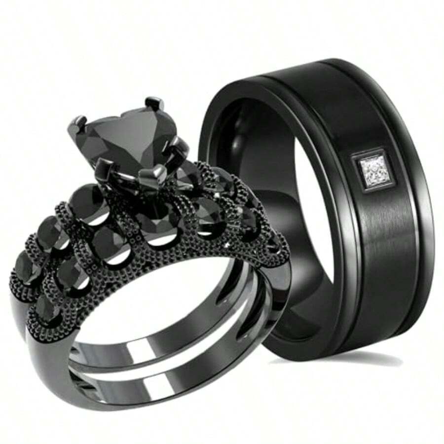 ringskull - Anillos para parejas anillos s a juego 1 quilate corazón circonita cúa  para mujer anillo de boda para él y ella - Talla 8 para mujer y talla 13 para hombre - Ver 1