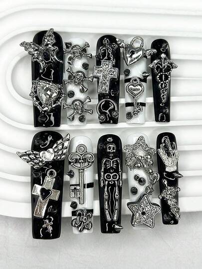 10 Extra-Long Rectangular Y2K Black And White Striped Handmade Press-On Nail Art Stickers, Sexy Star And Cross Pattern, Gothic Planet Nail Art (1 Jelly Sticker + 1 Nail File)