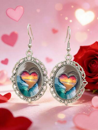 suteyi A Pair Of Unique Heart-Shaped Beach-Themed Valentine's Day Earrings, A Romantic Gift Accessory For Couples.
