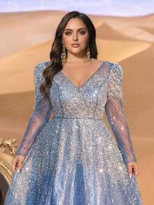 Faeriesty 大码女士长袖V领串珠晚礼服，配以透视网纱袖、亮片和飘逸的A字雪纺裙摆，适合正式晚宴、盛大晚会、婚礼、红毯活动和春季派对等场合。 - 霧霾藍 - 查看 5