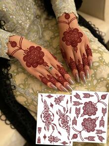2 Sheets Of Hands Full Hand Flower Design Brown Red Maroon Sexy Foot Finger Hand Tattoo Stickers Women Flower Henna Tattoo Stickers Flower Waterproof Stickers Brown Tattoo Stickers Women Body Art Stickers Wedding Party Brown Red Tattoo Stickers - Red - View 9