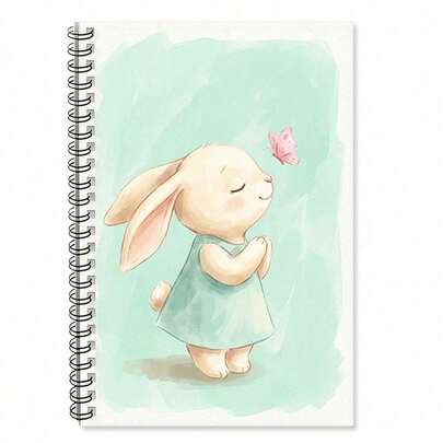 1 Healing Butterfly Interactive Notebook - Closed Eyes Wishing Rabbit And Pink Butterfly Warm Interactive Light Green Watercolor Cover, Spiral Binding, Soft Light Eye Protection Paper, Suitable For Mood Essays, Girls' Hearts Or As Notebooks, Easter Gifts | Journaling Supplies | Stationery Items, 5.5 * 8.3 Inches