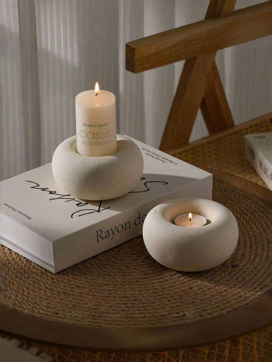 2 piezas Portavelas de cerámica blanca - Decoración del hogar minimalista y creativa, adecuado para mesa de comedor y escritorio, opción decorativa perfecta (velas no incluidas) - Multicolor - Ver 1