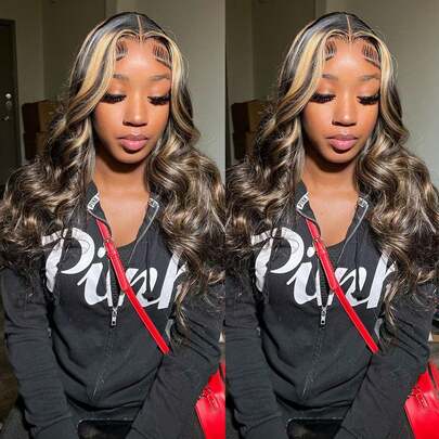 Tóc giả ombre không cần keo, tóc thật, đã tỉa sẵn, kiểu 5x5, khóa ren HD, dài 34 inch, màu 1B/27, highlight, sóng nhẹ, mật độ 150%, không cần keo, dành cho người mới bắt đầu.