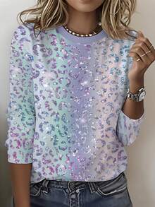 Women's Turquoise Blue & Purple Iridescent Shimmer Full-Body Print Blouse - Long Sleeve Round Neck Top With Rainbow Effect, Casual Spring/Fall Outfits, Machine Washable Suitable For Parties, Festivals, Casual Attire - 混合顏色 - 查看 1
