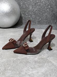 2026 Spring New French Style Pointed Toe High Heel Sandals For Women, Transparent Rhinestone Decor, Elegant High-End - Brown - View 11