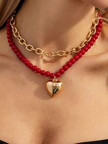 1pc Vintage Red Acrylic Beaded Choker Necklace With Heart OT Clasp - Red - View 2