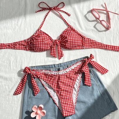 2pcs Swimsuit Set, Red Houndstooth Cute Bow Bikini, Beach Holiday Swimwear For Women